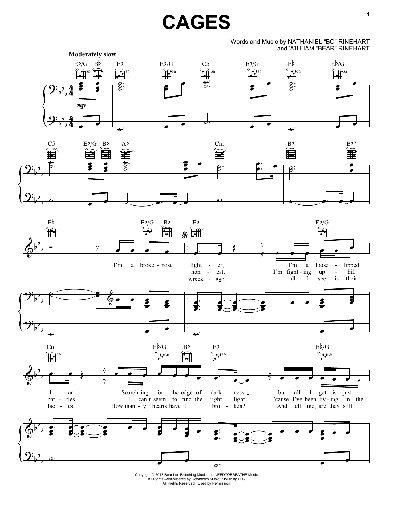 NEEDTOBREATHE Cages sheet music notes and chords arranged for Piano, Vocal & Guitar Chords (Right-Hand Melody)
