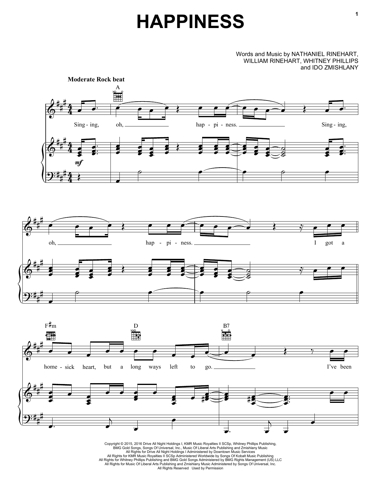 NEEDTOBREATHE Happiness sheet music notes and chords arranged for Piano, Vocal & Guitar Chords (Right-Hand Melody)