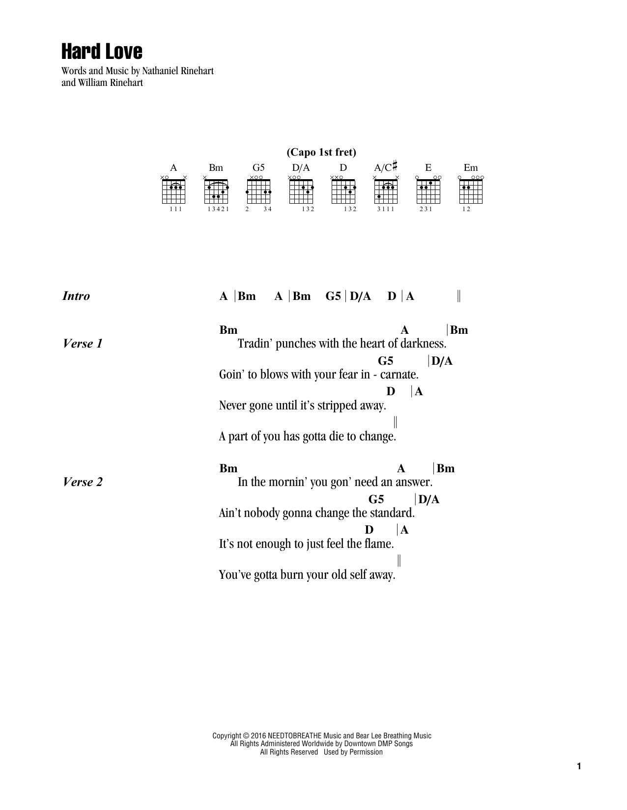 NEEDTOBREATHE Hard Love sheet music notes and chords arranged for Piano, Vocal & Guitar Chords (Right-Hand Melody)