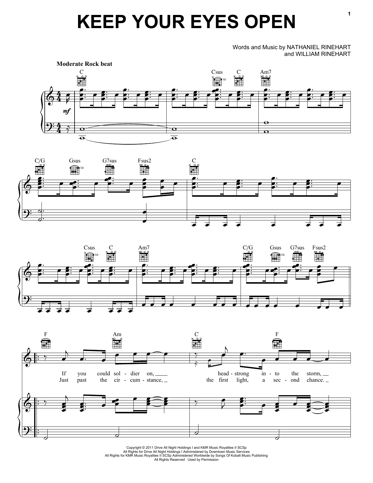 NEEDTOBREATHE Keep Your Eyes Open sheet music notes and chords arranged for Piano, Vocal & Guitar Chords (Right-Hand Melody)