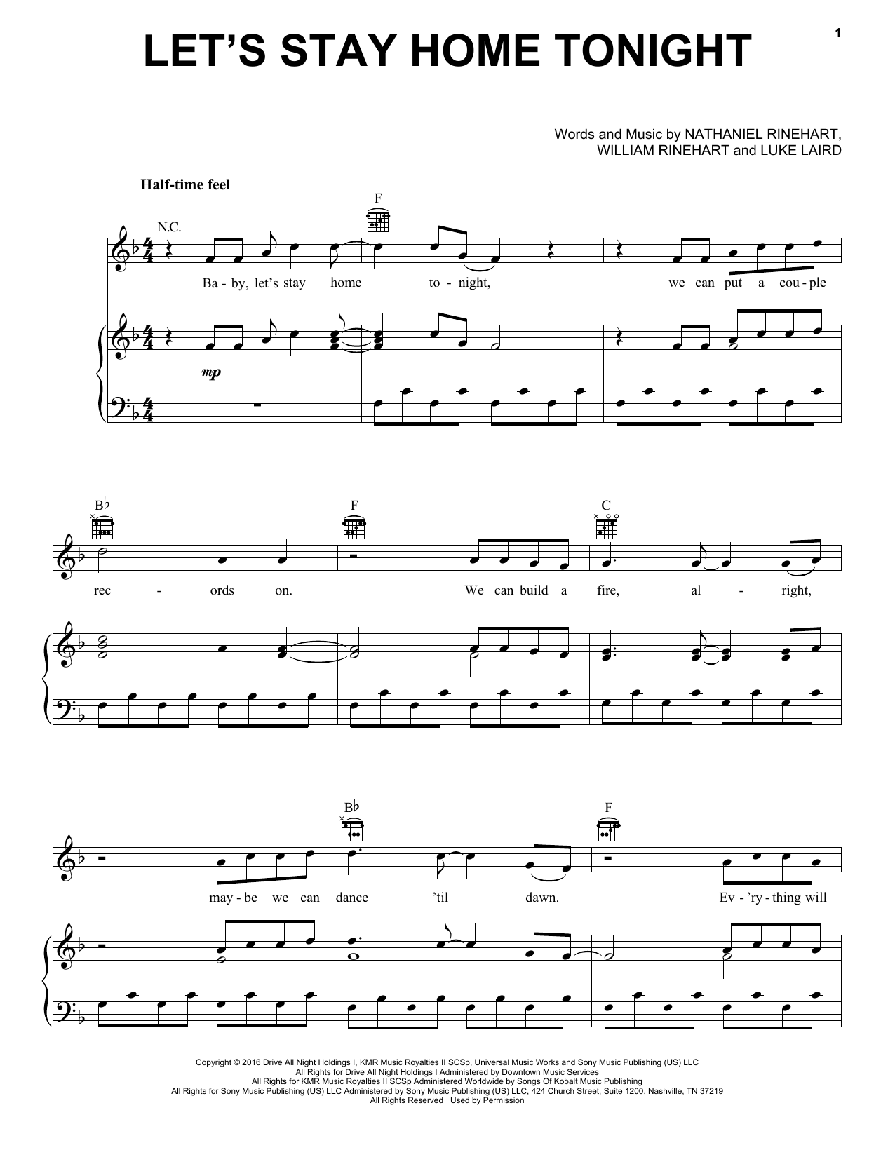 NEEDTOBREATHE Let's Stay Home Tonight sheet music notes and chords arranged for Piano, Vocal & Guitar Chords (Right-Hand Melody)