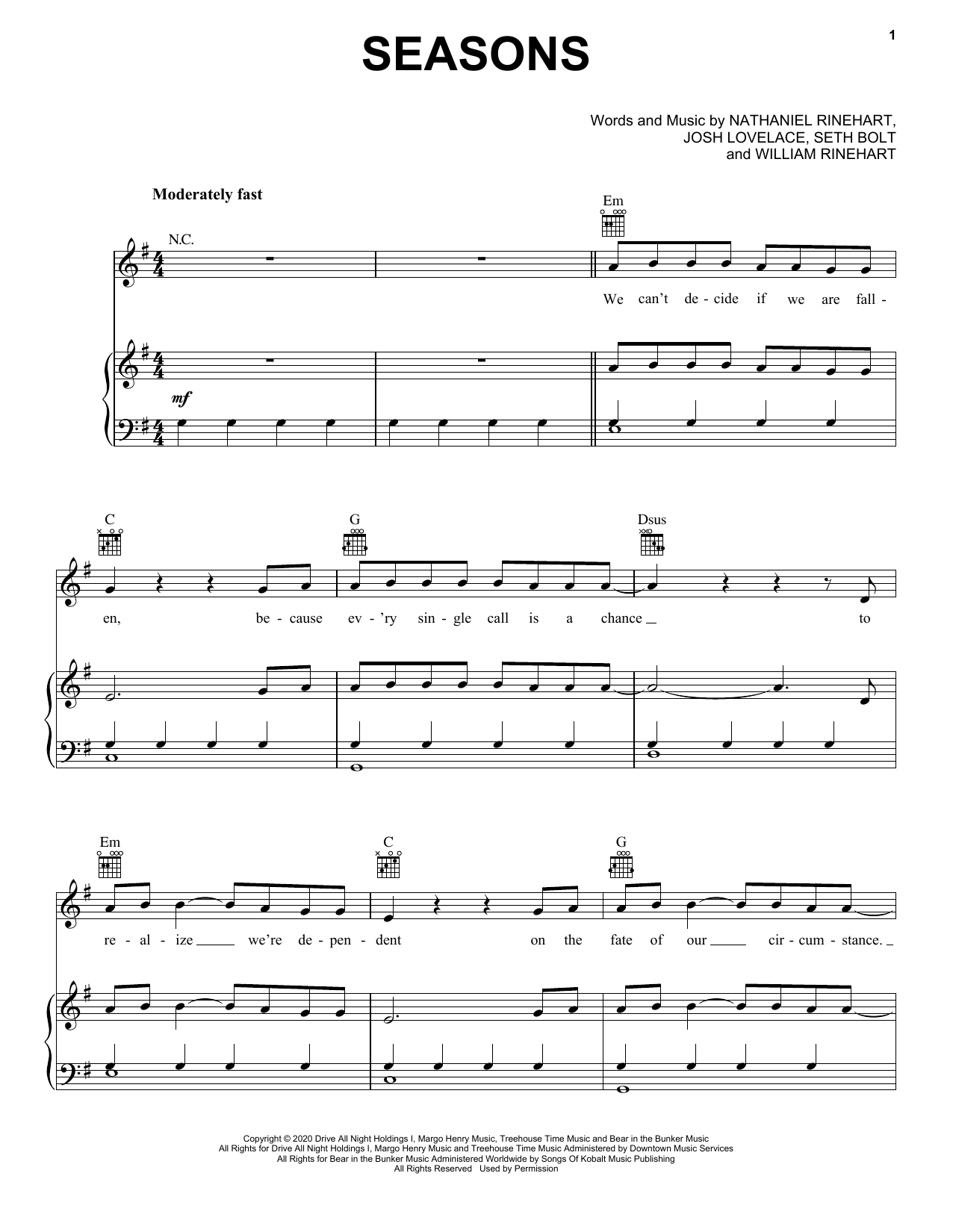 NEEDTOBREATHE Seasons sheet music notes and chords arranged for Piano, Vocal & Guitar Chords (Right-Hand Melody)