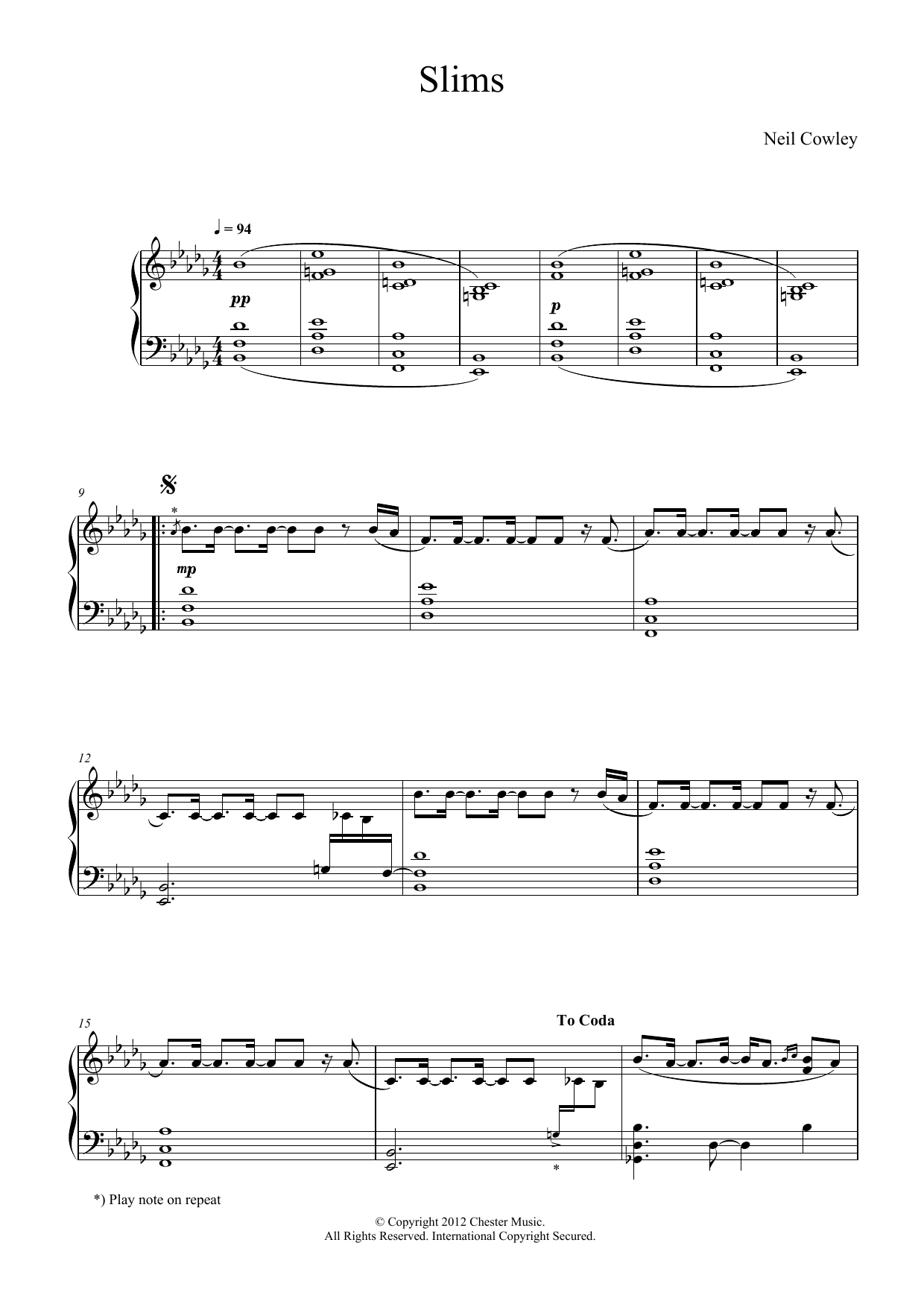 Neil Cowley Slims sheet music notes and chords arranged for Piano Solo