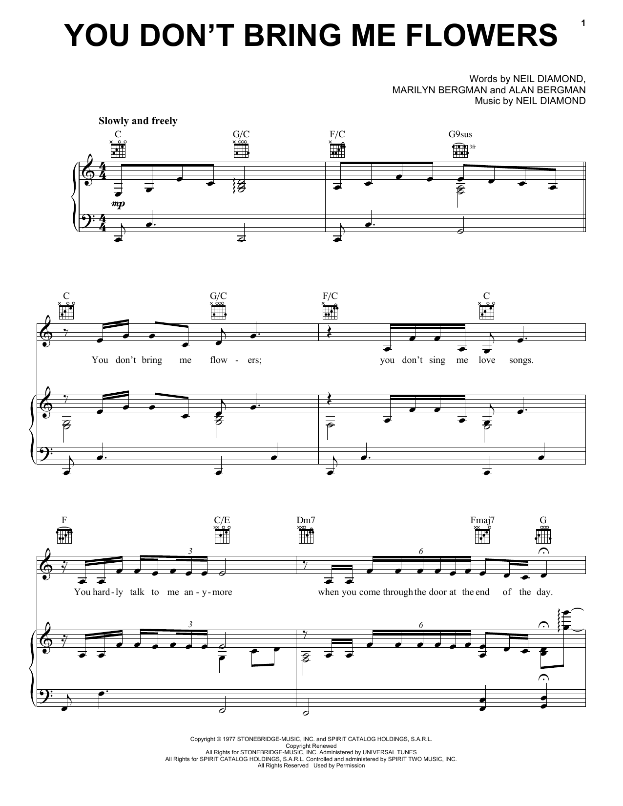 Neil Diamond & Barbra Streisand You Don't Bring Me Flowers sheet music notes and chords arranged for Piano, Vocal & Guitar Chords (Right-Hand Melody)