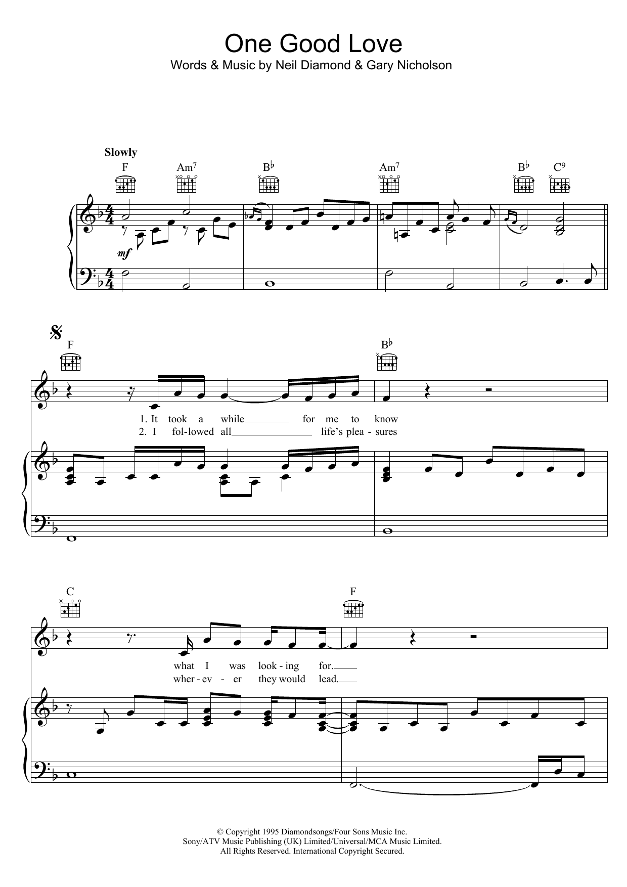 Neil Diamond & Waylon Jennings One Good Love sheet music notes and chords arranged for Piano, Vocal & Guitar Chords