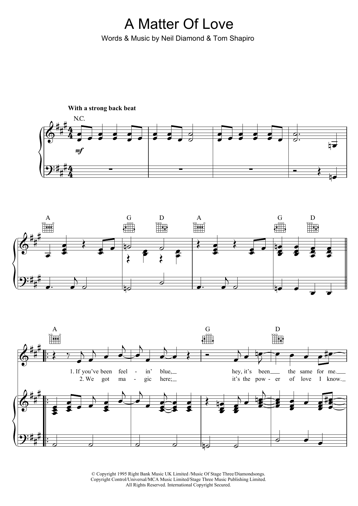 Neil Diamond A Matter Of Love sheet music notes and chords arranged for Piano, Vocal & Guitar Chords