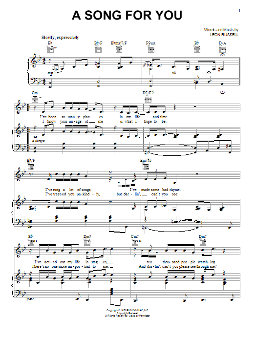 Neil Diamond A Song For You sheet music notes and chords arranged for Piano, Vocal & Guitar Chords (Right-Hand Melody)