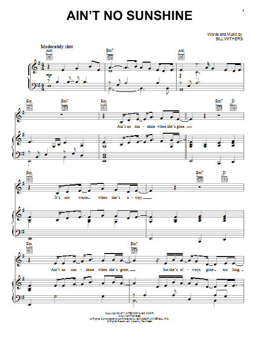 Neil Diamond Ain't No Sunshine sheet music notes and chords arranged for Piano, Vocal & Guitar Chords (Right-Hand Melody)