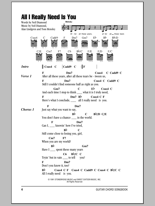 Neil Diamond All I Really Need Is You sheet music notes and chords arranged for Piano, Vocal & Guitar Chords (Right-Hand Melody)