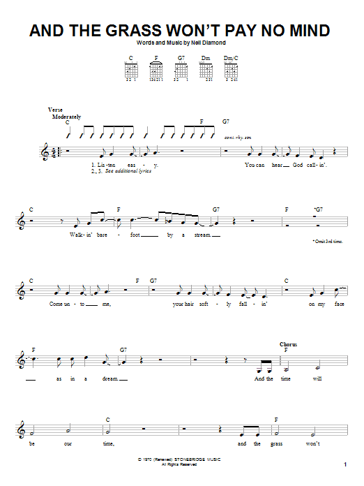 Neil Diamond And The Grass Won't Pay No Mind sheet music notes and chords arranged for Easy Guitar