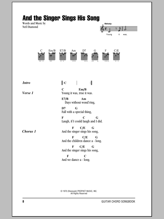 Neil Diamond And The Singer Sings His Song sheet music notes and chords arranged for Guitar Chords/Lyrics