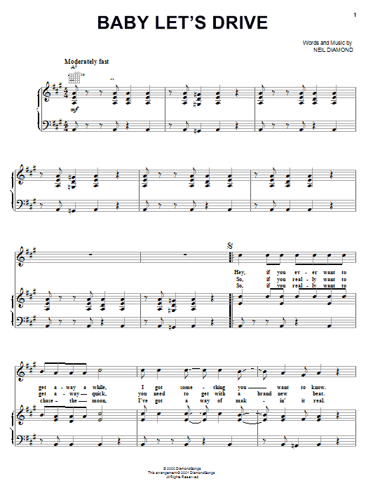 Neil Diamond Baby Let's Drive sheet music notes and chords arranged for Piano, Vocal & Guitar Chords (Right-Hand Melody)