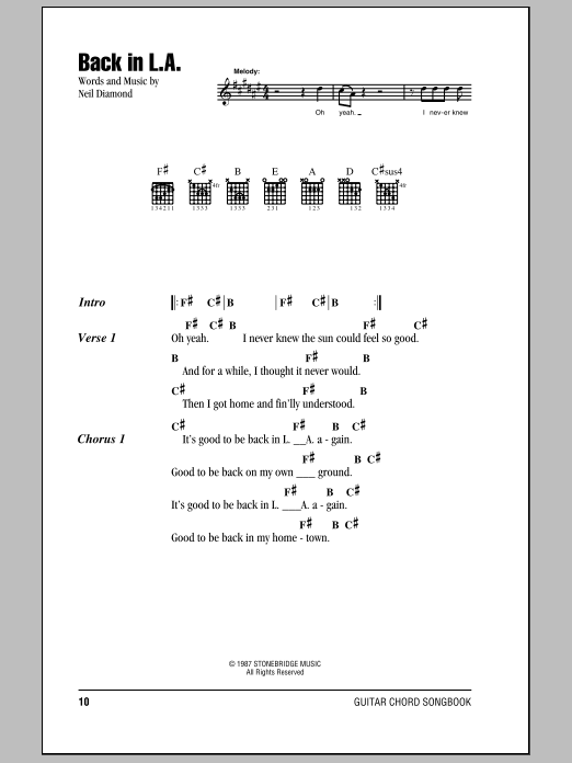 Neil Diamond Back In L.A. sheet music notes and chords arranged for Guitar Chords/Lyrics