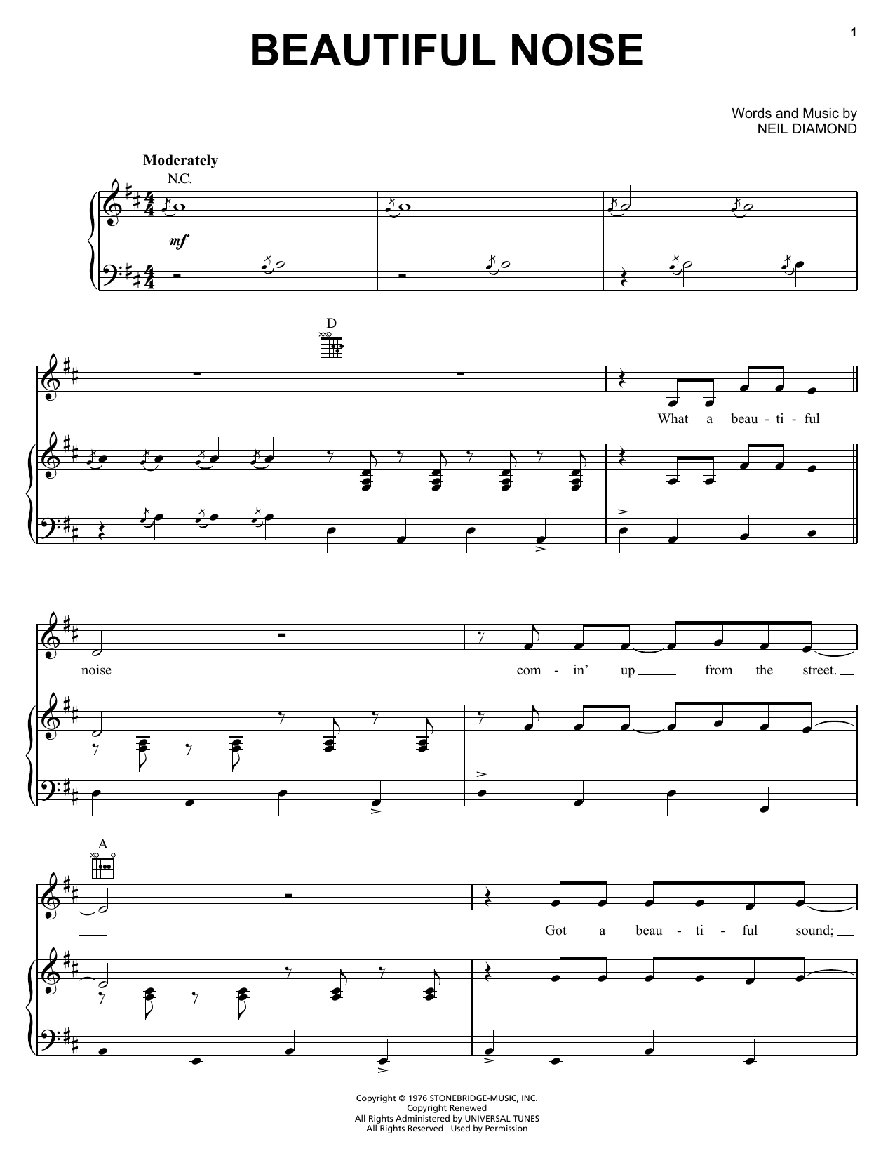 Neil Diamond Beautiful Noise sheet music notes and chords arranged for Easy Guitar Tab