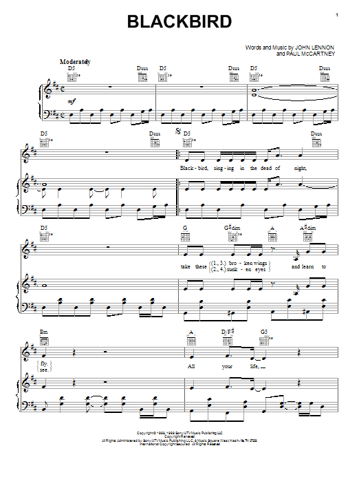 Neil Diamond Blackbird sheet music notes and chords arranged for Piano, Vocal & Guitar Chords (Right-Hand Melody)