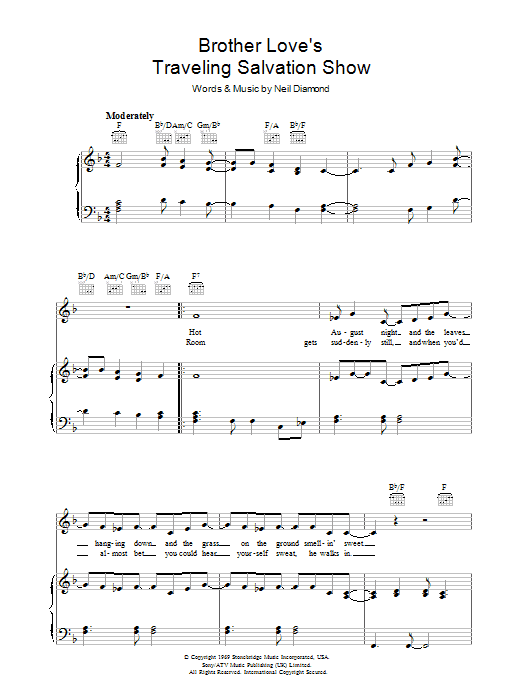 Neil Diamond Brother Love's Travelling Salvation Show sheet music notes and chords arranged for Piano, Vocal & Guitar Chords