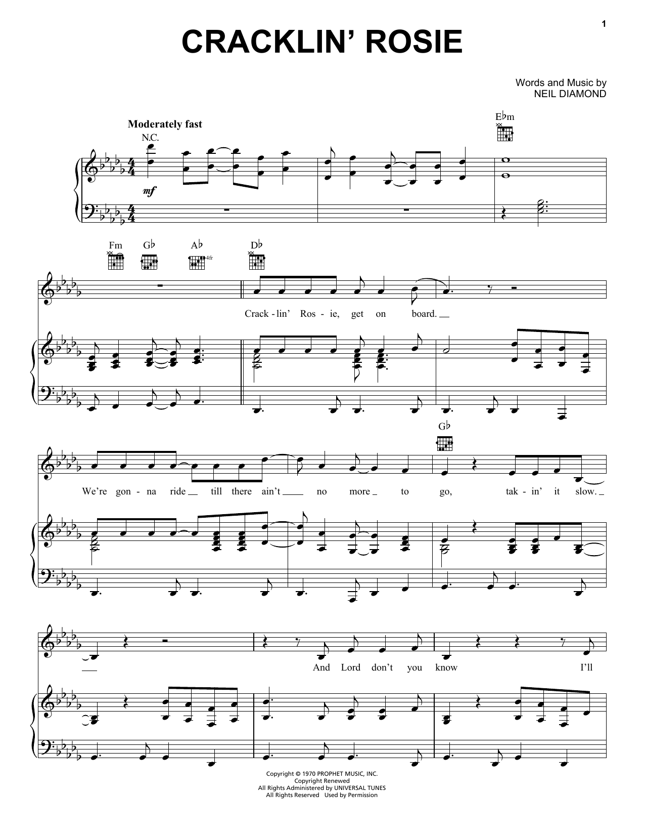 Neil Diamond Cracklin' Rosie sheet music notes and chords arranged for Flute Solo