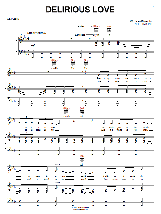 Neil Diamond Delirious Love sheet music notes and chords arranged for Piano, Vocal & Guitar Chords (Right-Hand Melody)