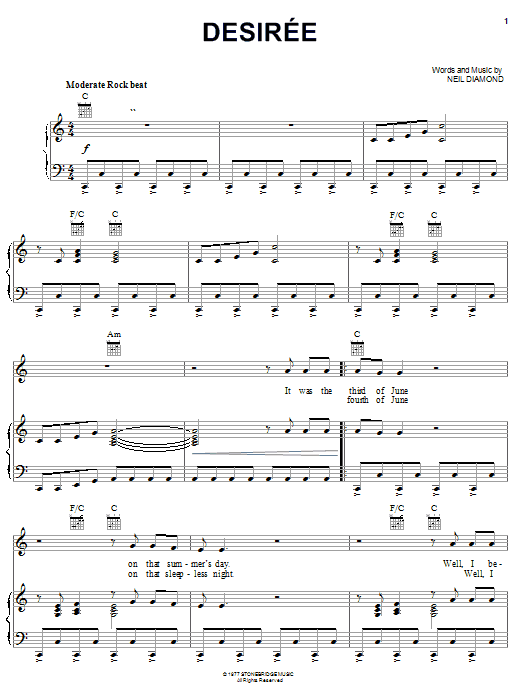 Neil Diamond Desiree sheet music notes and chords arranged for Guitar Chords/Lyrics
