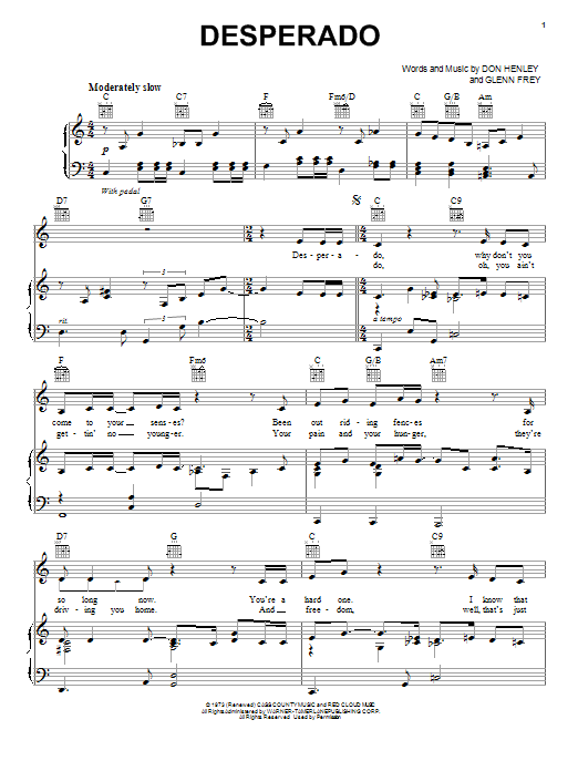 Neil Diamond Desperado sheet music notes and chords arranged for Piano, Vocal & Guitar Chords (Right-Hand Melody)