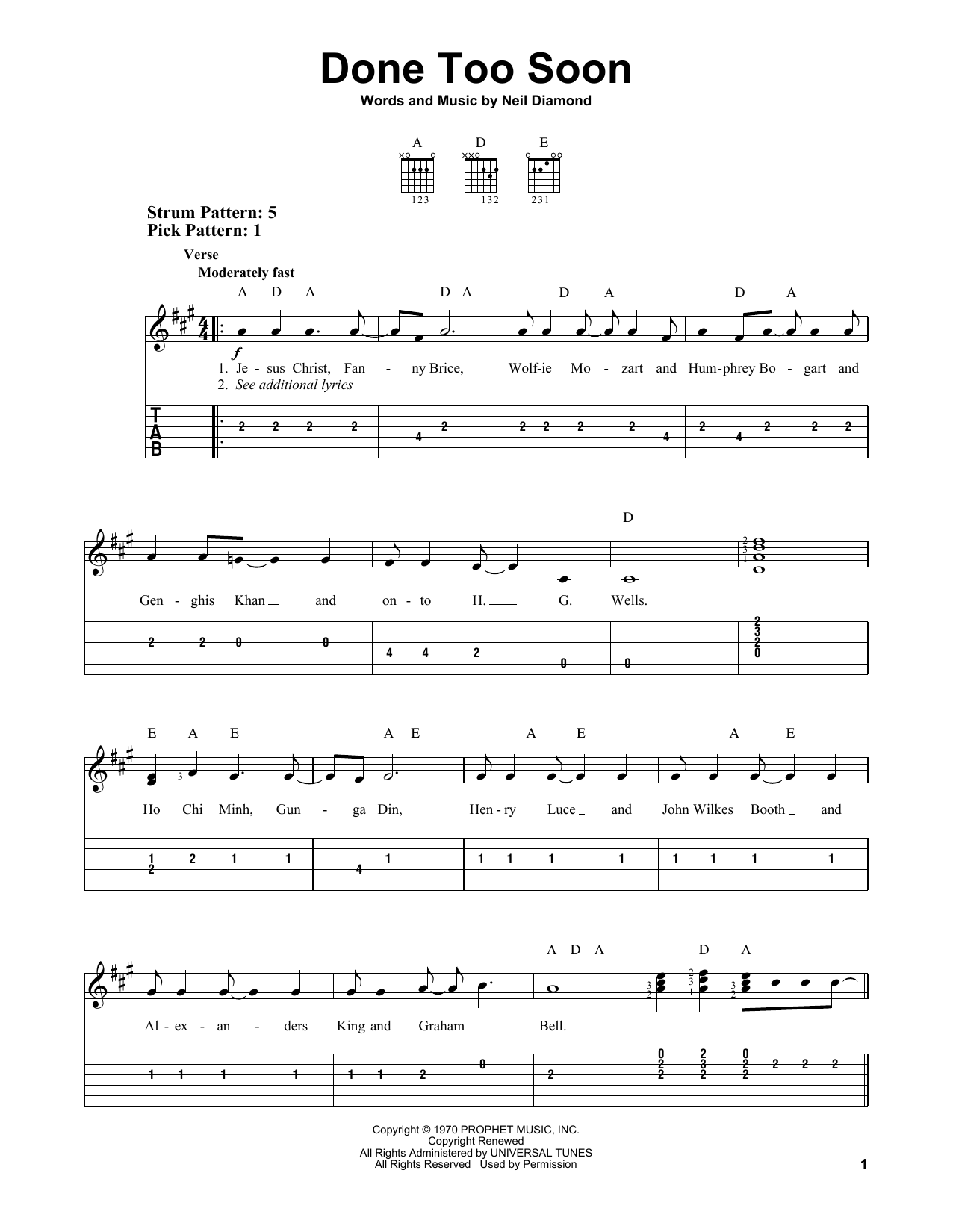 Neil Diamond Done Too Soon sheet music notes and chords arranged for Easy Guitar Tab