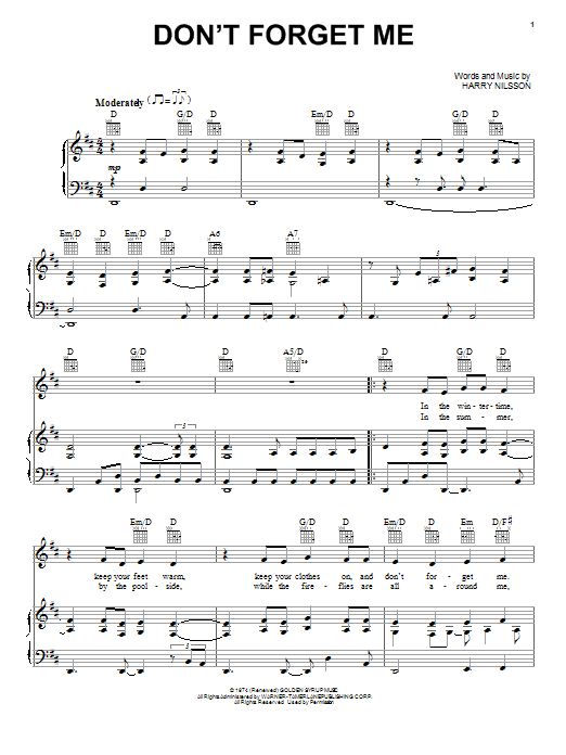 Neil Diamond Don't Forget Me sheet music notes and chords arranged for Piano, Vocal & Guitar Chords (Right-Hand Melody)
