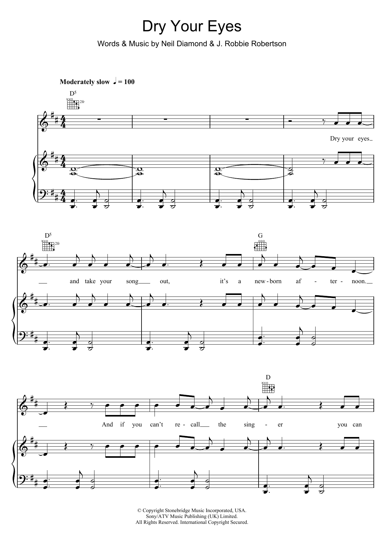 Neil Diamond Dry Your Eyes sheet music notes and chords arranged for Easy Guitar Tab