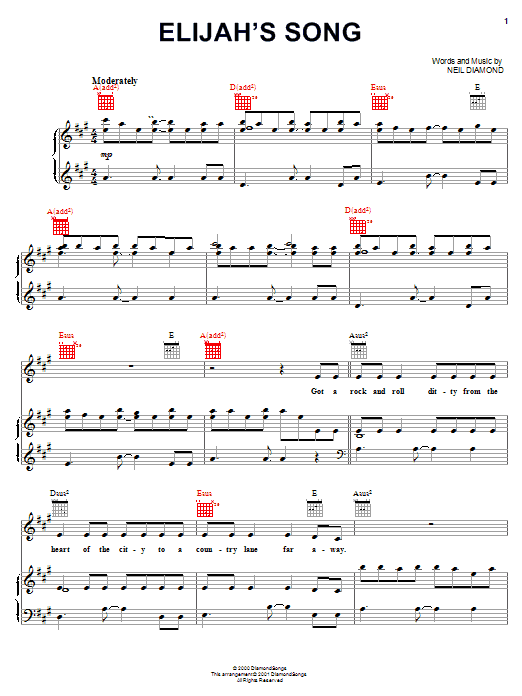 Neil Diamond Elijah's Song sheet music notes and chords arranged for Piano, Vocal & Guitar Chords (Right-Hand Melody)