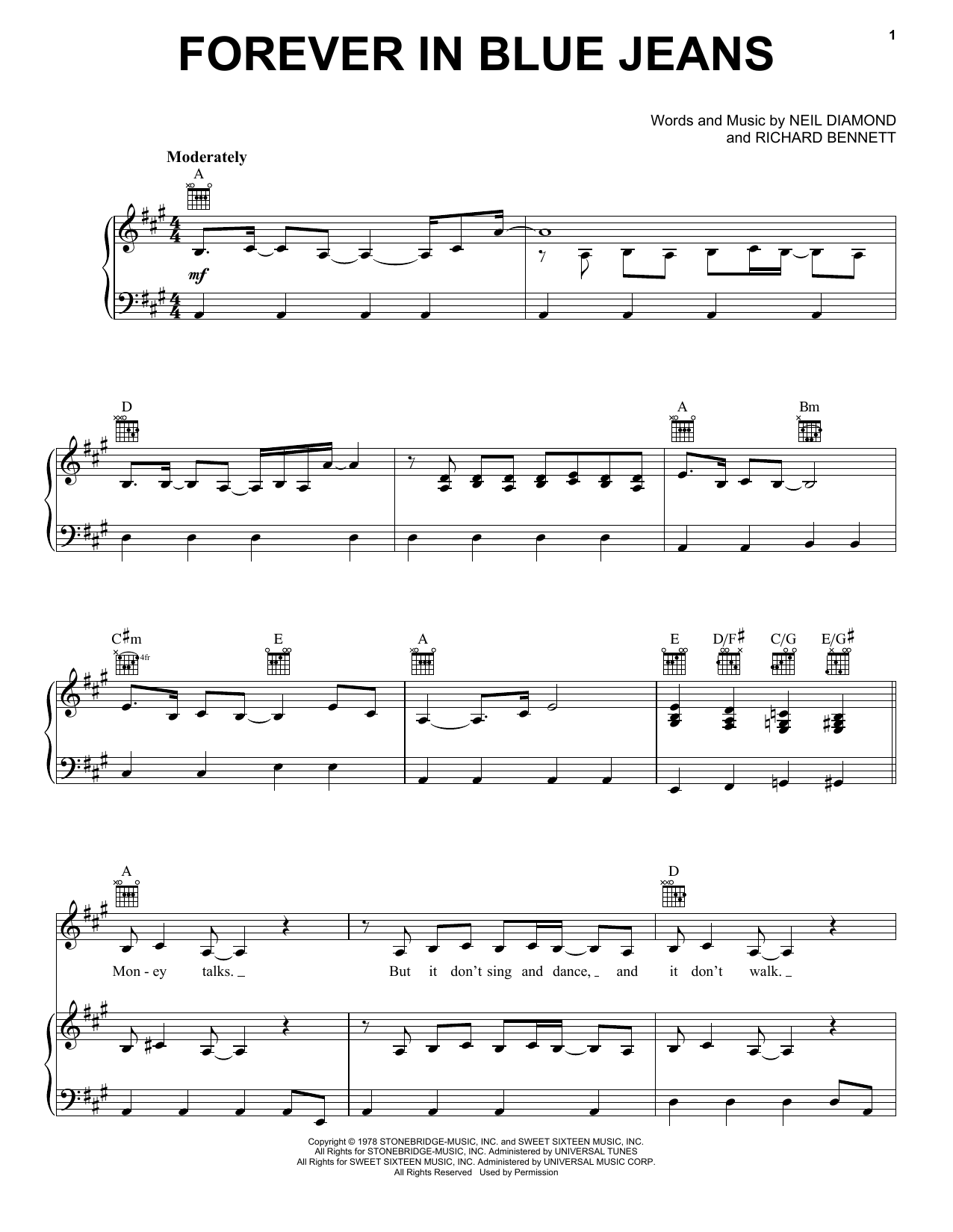 Neil Diamond Forever In Blue Jeans sheet music notes and chords arranged for Easy Guitar Tab