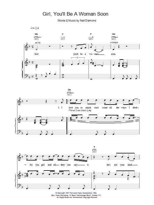 Neil Diamond Girl, You'll Be A Woman Soon sheet music notes and chords arranged for Easy Guitar