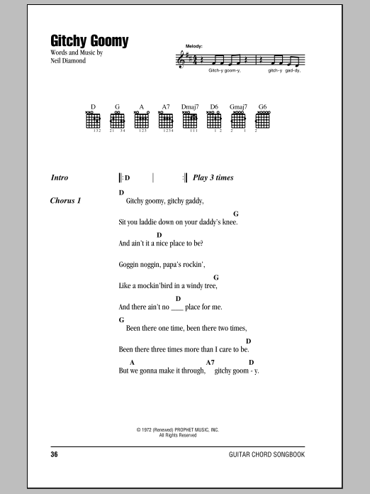 Neil Diamond Gitchy Goomy sheet music notes and chords arranged for Guitar Chords/Lyrics