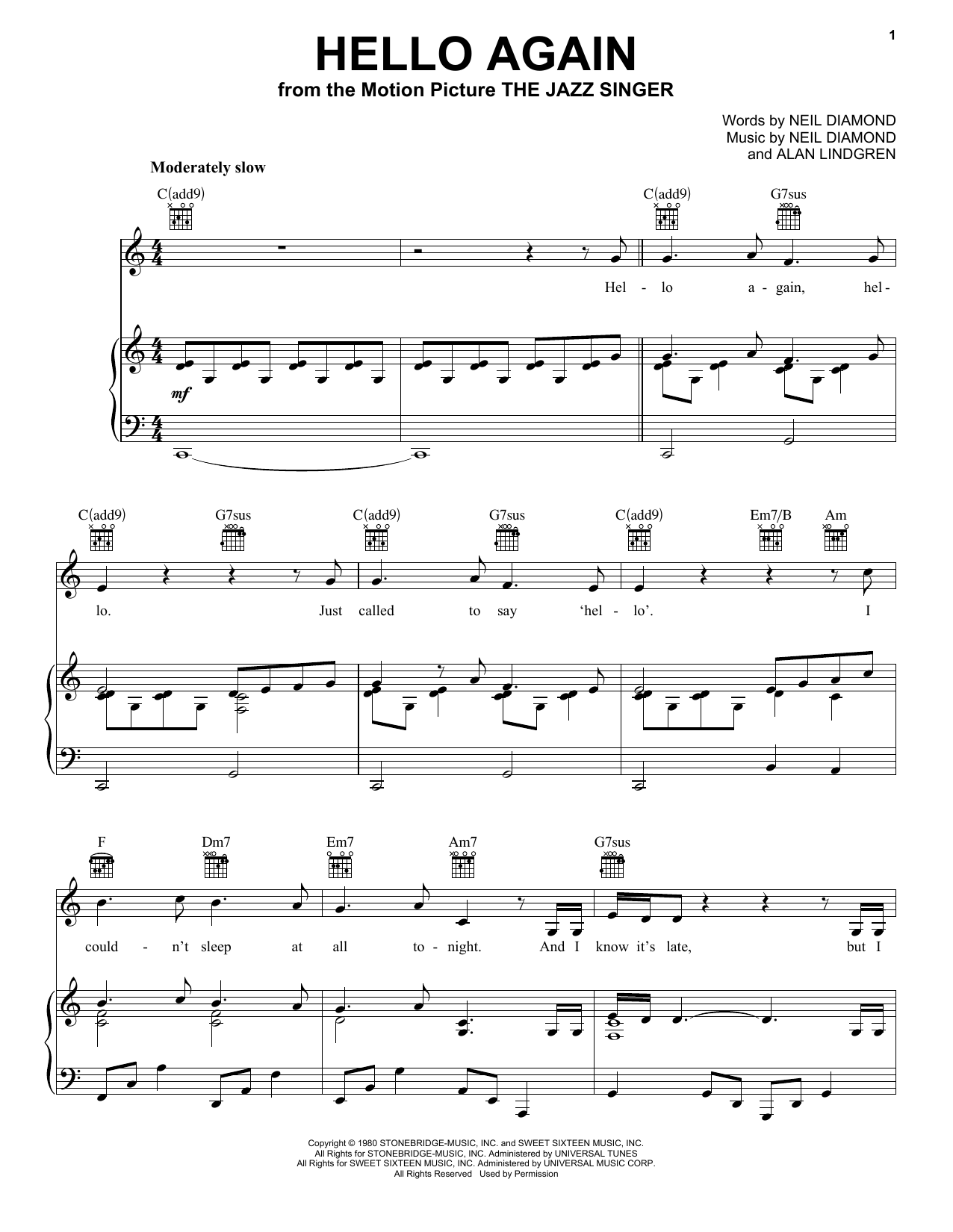 Neil Diamond Hello Again sheet music notes and chords arranged for Guitar Chords/Lyrics