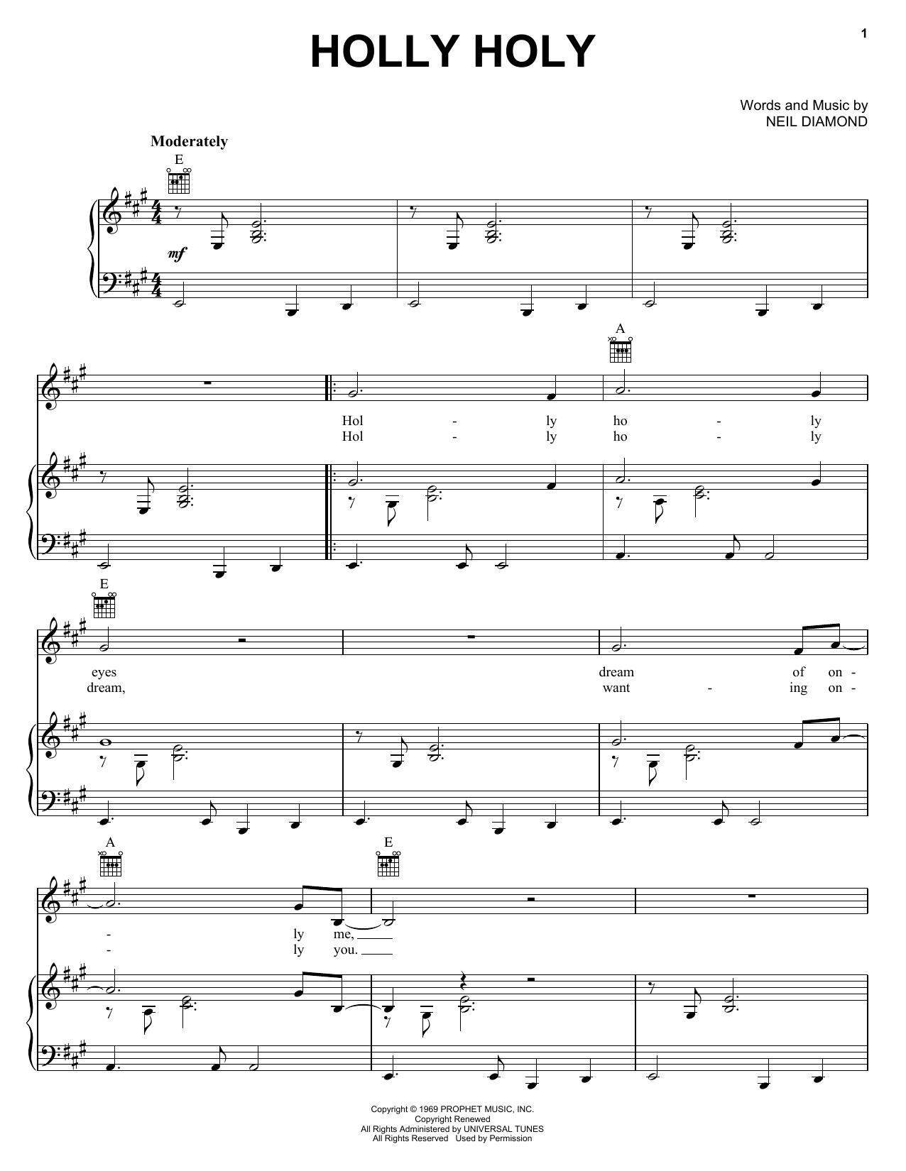 Neil Diamond Holly Holy sheet music notes and chords arranged for Easy Guitar
