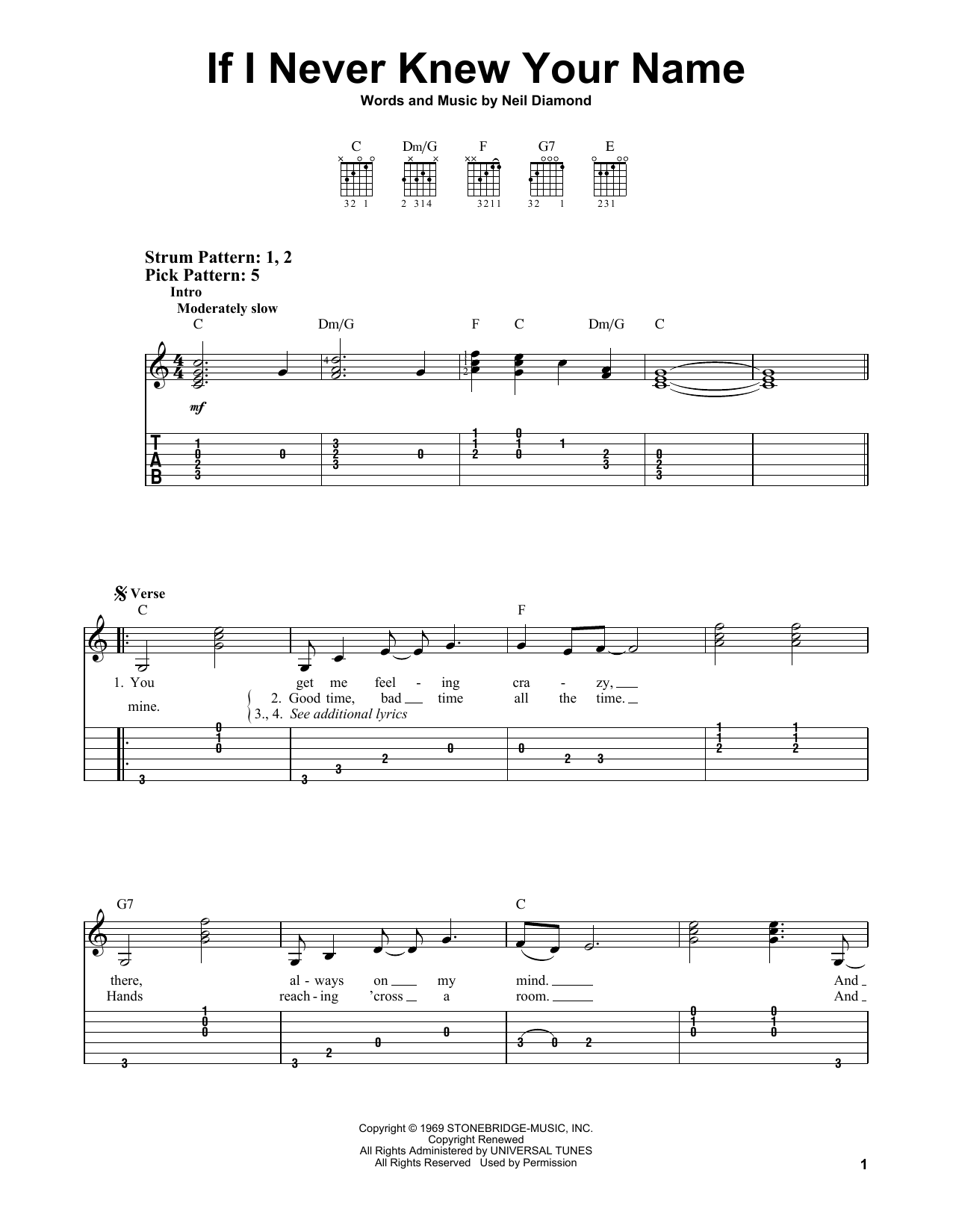 Neil Diamond If I Never Knew Your Name sheet music notes and chords arranged for Easy Guitar Tab