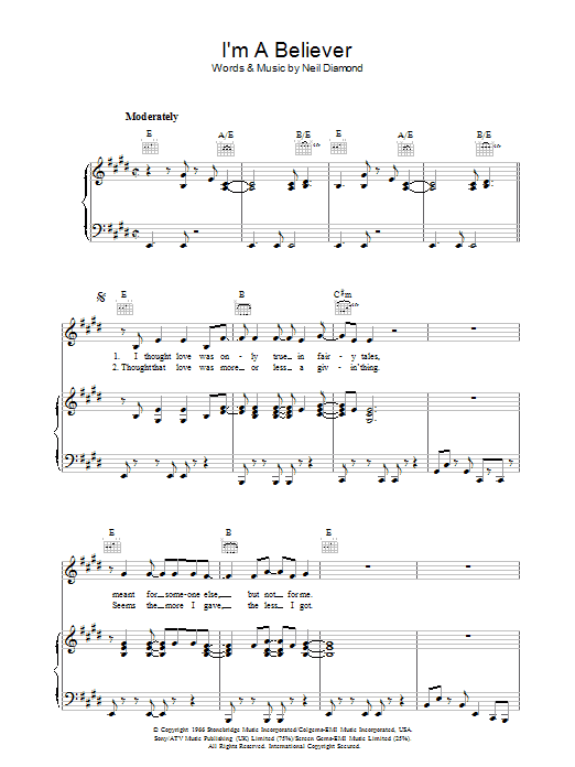 Neil Diamond I'm A Believer sheet music notes and chords arranged for Flute Solo