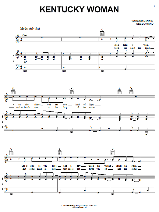 Neil Diamond Kentucky Woman sheet music notes and chords arranged for Guitar Chords/Lyrics