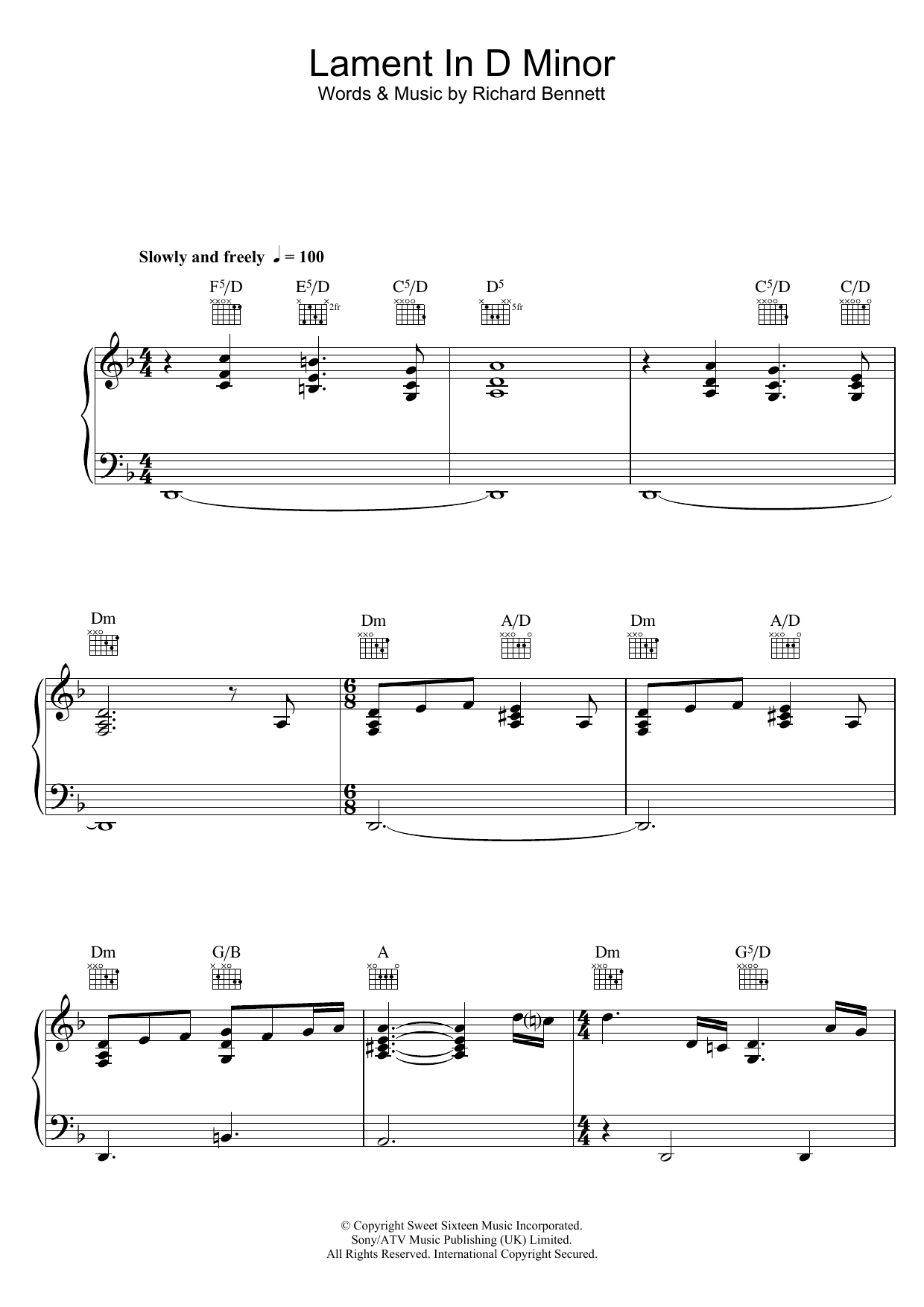 Neil Diamond Lament In D Minor sheet music notes and chords arranged for Piano Solo