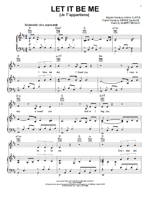 Neil Diamond Let It Be Me (Je T'appartiens) sheet music notes and chords arranged for Piano, Vocal & Guitar Chords (Right-Hand Melody)