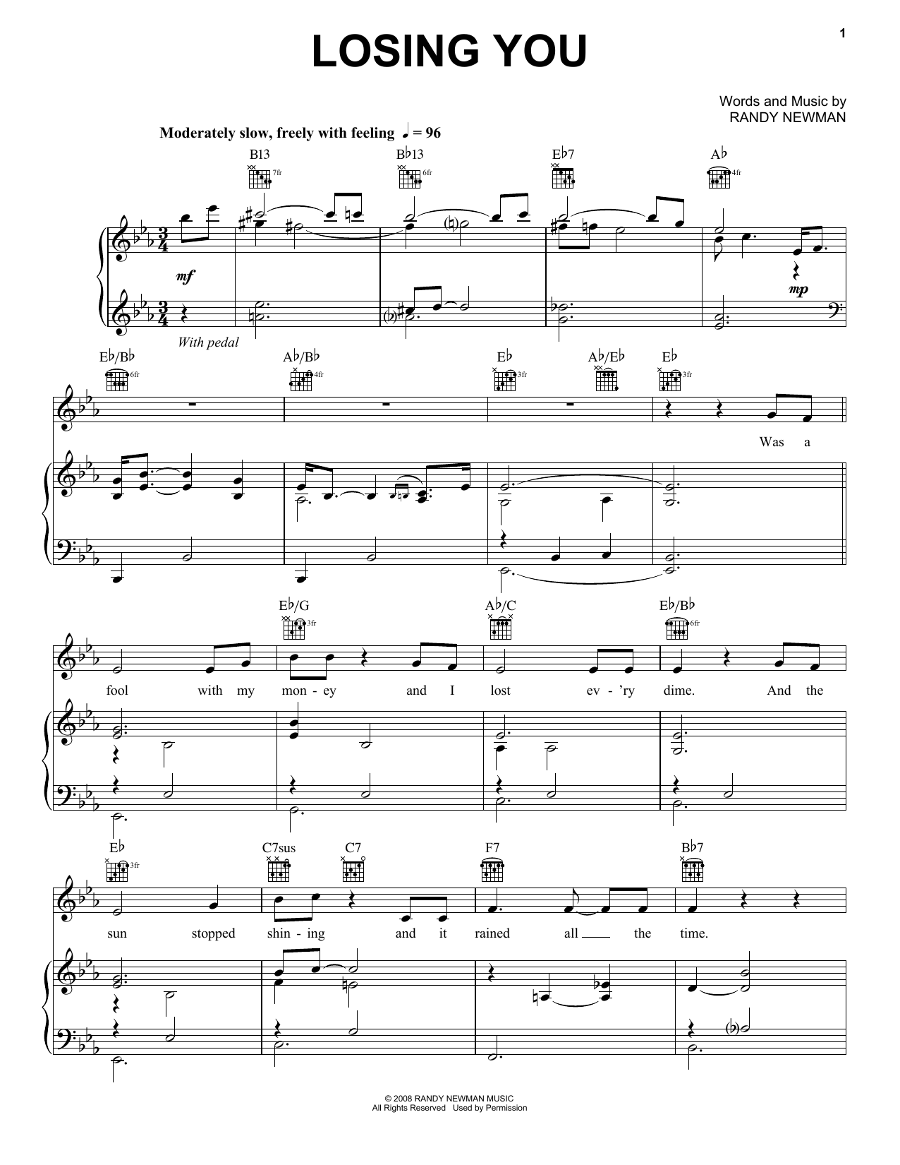 Neil Diamond Losing You sheet music notes and chords arranged for Piano, Vocal & Guitar Chords (Right-Hand Melody)
