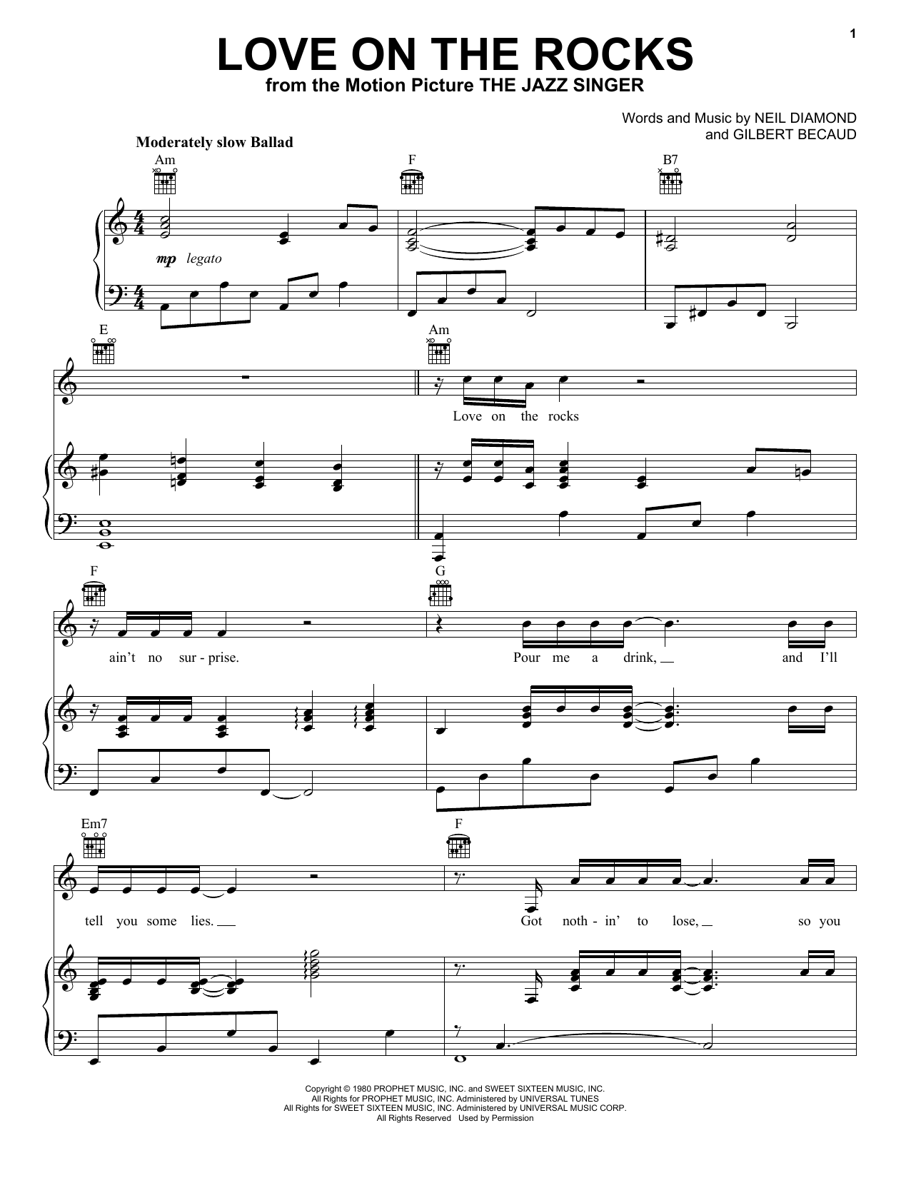 Neil Diamond Love On The Rocks sheet music notes and chords arranged for Pro Vocal