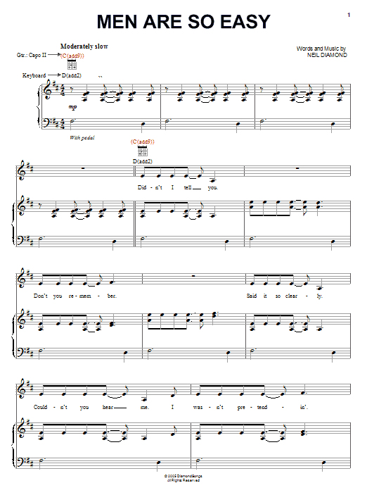 Neil Diamond Men Are So Easy sheet music notes and chords arranged for Piano, Vocal & Guitar Chords (Right-Hand Melody)
