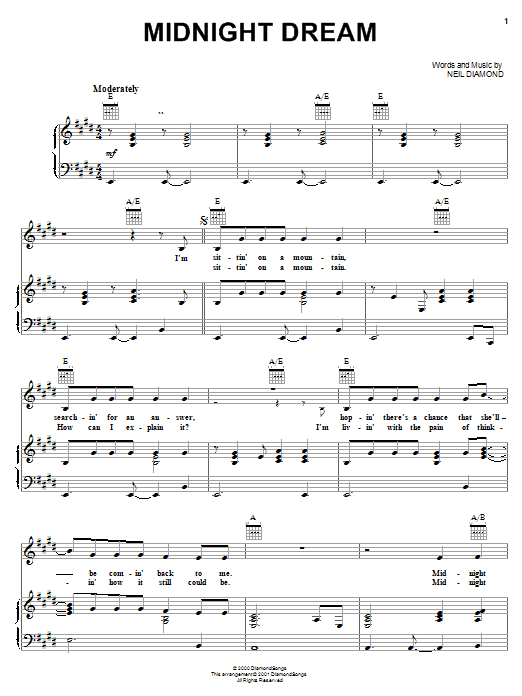 Neil Diamond Midnight Dream sheet music notes and chords arranged for Piano, Vocal & Guitar Chords (Right-Hand Melody)