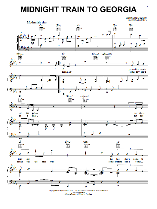 Neil Diamond Midnight Train To Georgia sheet music notes and chords arranged for Piano, Vocal & Guitar Chords (Right-Hand Melody)