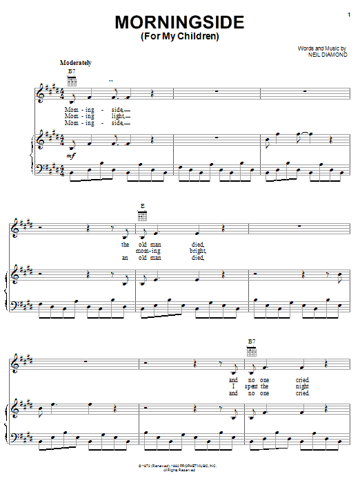 Neil Diamond Morningside sheet music notes and chords arranged for Guitar Chords/Lyrics