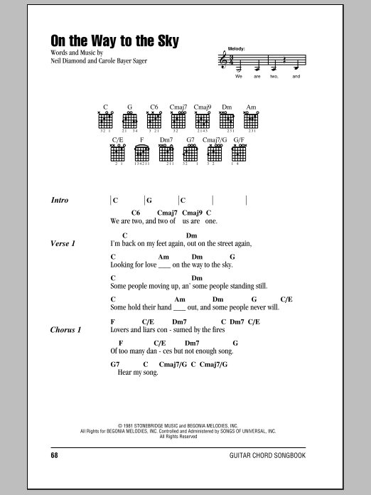 Neil Diamond On The Way To The Sky sheet music notes and chords arranged for Guitar Chords/Lyrics