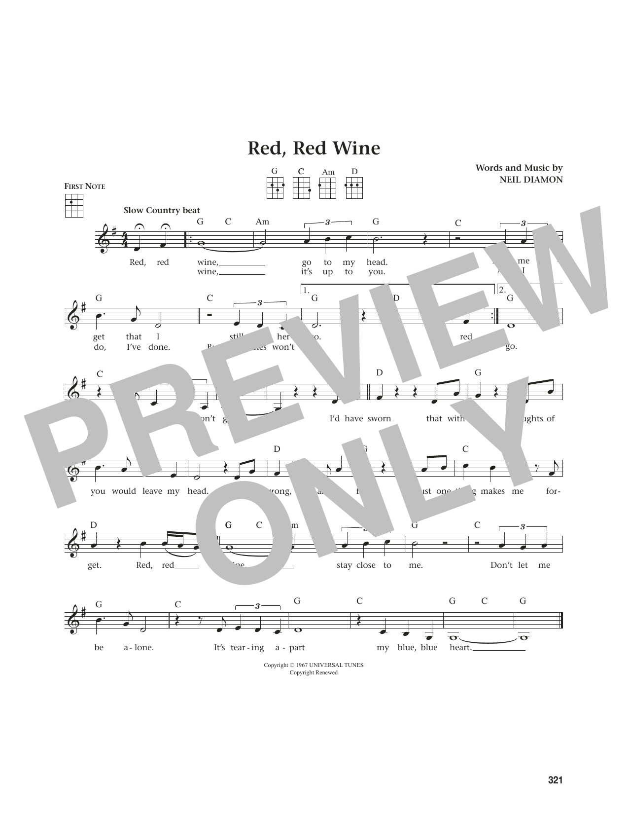 Neil Diamond Red, Red Wine (from The Daily Ukulele) (arr. Jim Beloff) sheet music notes and chords arranged for Ukulele