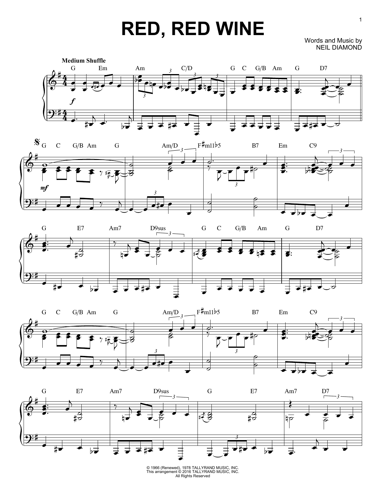 Neil Diamond Red, Red Wine [Jazz version] (arr. Brent Edstrom) sheet music notes and chords arranged for Piano Solo