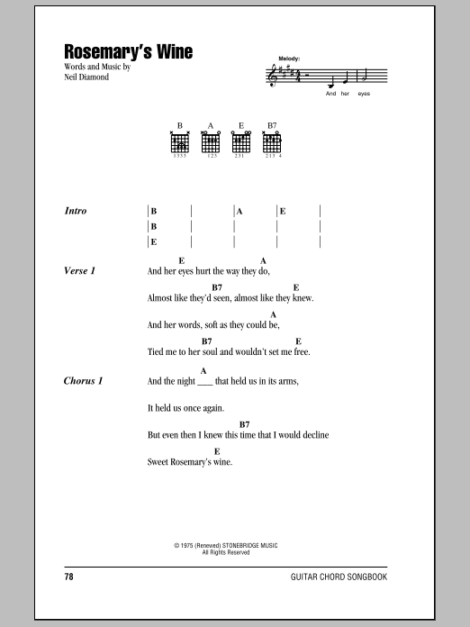 Neil Diamond Rosemary's Wine sheet music notes and chords arranged for Guitar Chords/Lyrics