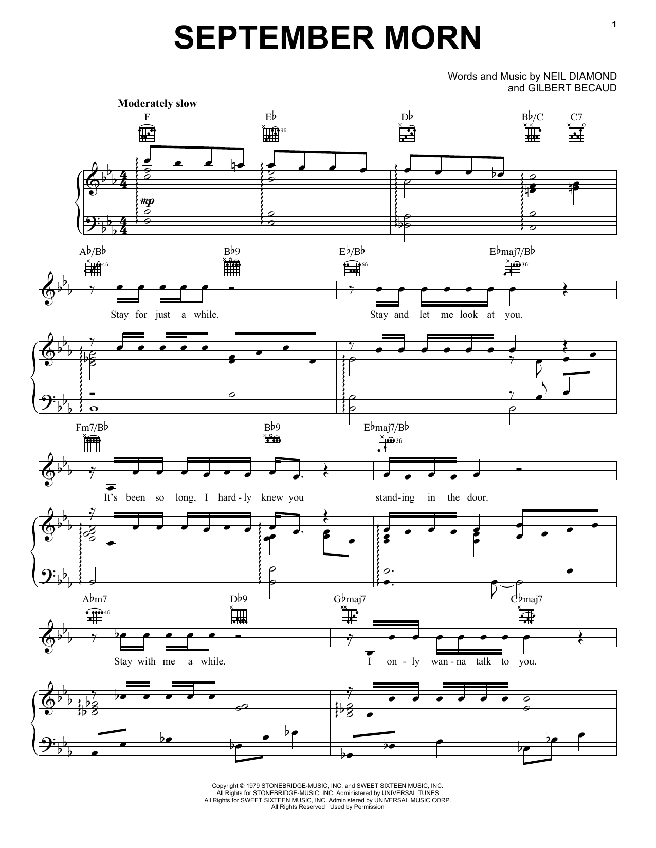 Neil Diamond September Morn sheet music notes and chords arranged for Piano, Vocal & Guitar Chords (Right-Hand Melody)
