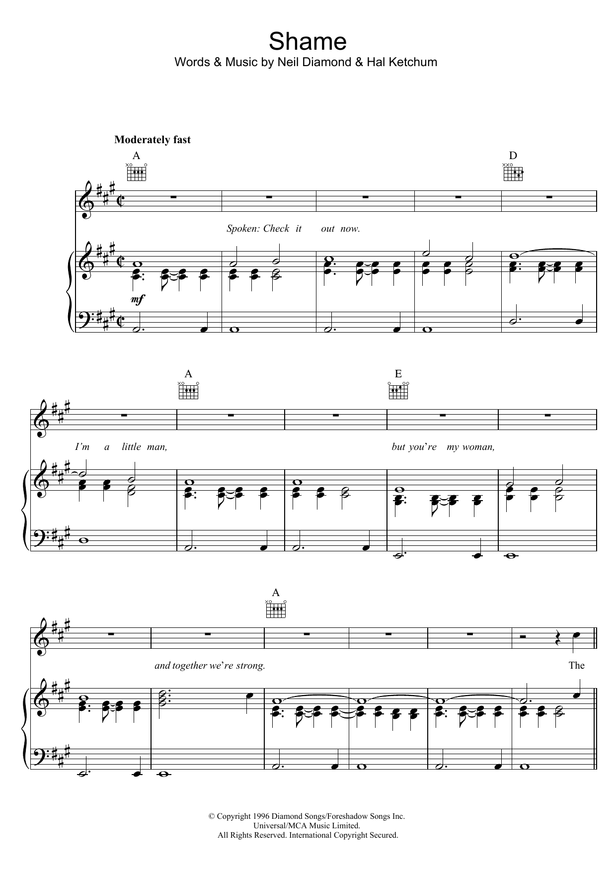 Neil Diamond Shame sheet music notes and chords arranged for Piano, Vocal & Guitar Chords